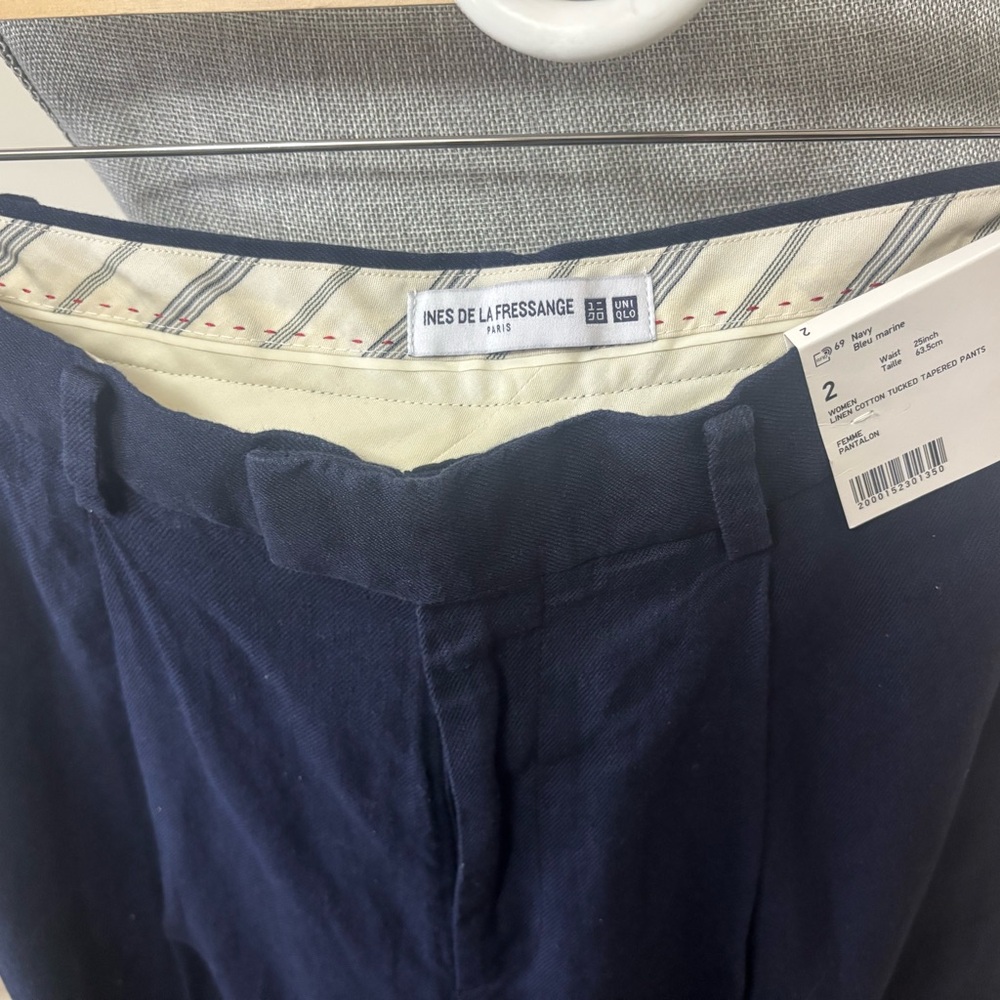 Uniqlo x Ines De La Fressange  Navy Blue Linen Cotton Tucked Tapered Trousers - Picture 5 of 8